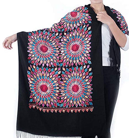 Urban CoCo Embroidered Scarf for Women, Tassel Shawl, Soft Lightweight Wrap - color: Black