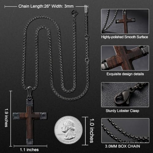 Wooden Cross Necklace for Men with Stainless Steel Adjustable Chain 24-26in, Christian Wood Crucifix Pendant Gift for Him - style: Ebony3