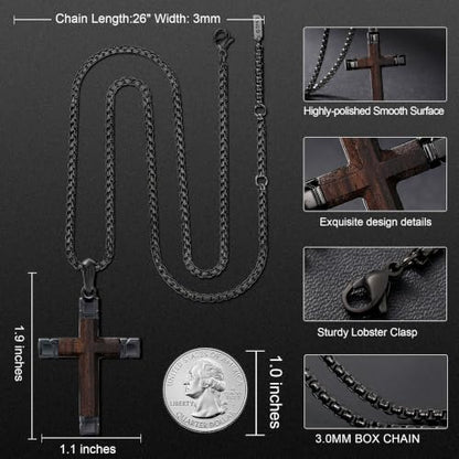 Wooden Cross Necklace for Men with Stainless Steel Adjustable Chain 24-26in, Christian Wood Crucifix Pendant Gift for Him - style: Ebony3
