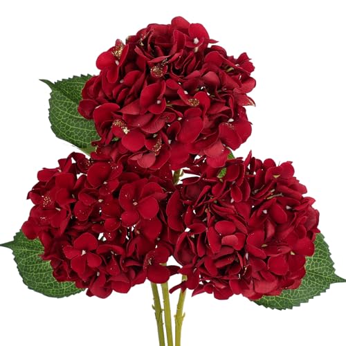 Hollyone 3Pcs Christmas Red Hydrangea Artificial Flowers 6inch Burgundy Hydrangeas Glitter Faux Hydrangea Flowers with Stems Fake Flower Arrangements Bouquets Floral Wedding Xmas Home Decor Small - color: Small
