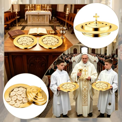 Communion Bread Tray with Lid for Churches, Round Stainless Steel Bread Plate with Cover for Wafers, Church Supplies Serving Tray for Communion and Altar Service, 1Pcs Gold Bread Tray - color: Gold