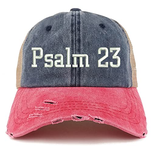 Trendy Apparel Shop Psalm 23 Frayed Bill Trucker Mesh Back Cap - color: Navy Red