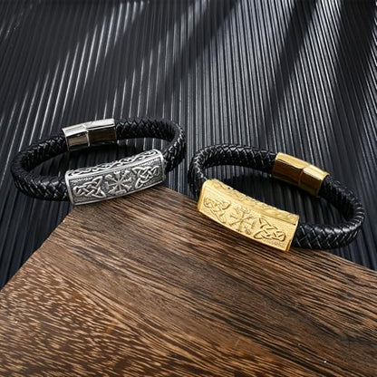 YL Mens Cross Viking Celtic Ankh Odin Compass Life Tree Leather Bracelet, 18K Gold/Black Rhodium Stainless Steel Christian Religious Protection Talisman Brown Cuff Handcrafted Jewelry Gifts - color: 18K White Gold-Celtic Compass, size: 8.3"(210mm)