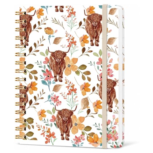 Highland Cow Lined Spiral Notebook, Pretty Hardcover Journal 6'' x 8.4'', Highland Cow Gifts for Women, Writing Notebook - color: highland cow-01