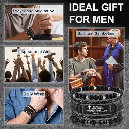 Mens Cross Bead Braided Genuine Leather Bracelet, Black Gemstone Agate Onyx Beaded Rosary Obsidian Bangle, Faith Religious Easter Catholic Christian Communion Baptism Christmas Jewelry Gift for Men - color: Set-Joshua 1:9