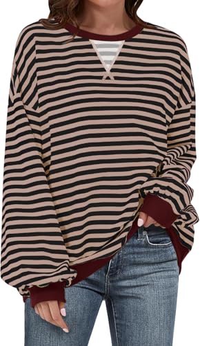UEU Women Oversized Striped Crewneck Sweatshirt Long Sleeve Casual Pullover - color: Black Coffee Striped, size: Medium