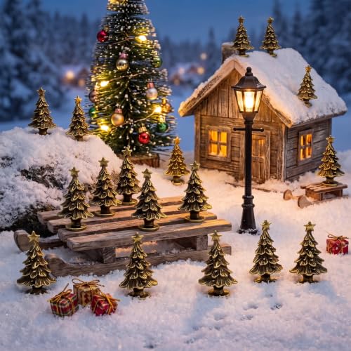 Civaner 50 Mini Brass Christmas Tree Figurines, Tiny Christmas Decor - style: Christmas Tree
