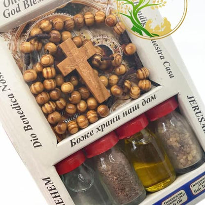 Holy Water | Olive Oil | Holy Land Soil & Frankincense from Bethlehem | Comes with Olive Wood Rosary | Religious Gift
