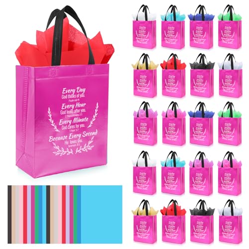 LUAVIARU 80 Pcs Bible Verse Christian Gift Bags Set – 40 Rose Red Reusable Gift Bag with Handles & 40 Tissue Paper, Religious Gift Bag for Church Events, Baptism, Easter, Communion, Congratulations - color: Rose Red, size: 40