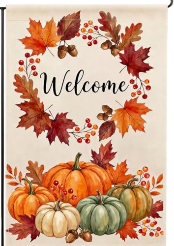 Welcome Fall Garden Flag Decor, Autumn Thanksgiving Yard Flags for Outside - color: Fall Wreath