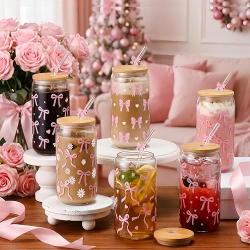 Glass Cups with Lids and Straws, 6Pack, 16oz, Pink Bow - style: Pink Bow