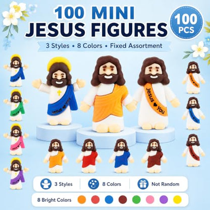 Mini Jesus Figures 100 Pack, Jesus Loves You Bulk Figurines - color: Multicolor – 100 Pcs + 6 Bookmarks