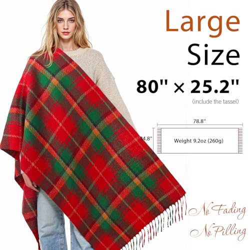 Clothirily Womens Winter Scarf, Oversized Long Blanket Plaid Shawl Wrap - color: Red & Green Plaid