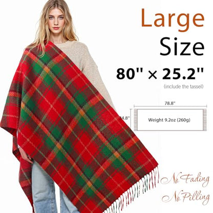 Clothirily Womens Winter Scarf, Oversized Long Blanket Plaid Shawl Wrap - color: Red & Green Plaid