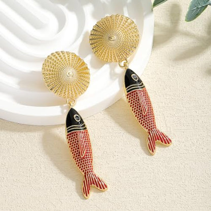 Creative Exaggerated Ocean Animal Drop Dangle Earrings for Women, Bohemia Style Alloy Lobster Octopus Fish Crab Earrings for Summer Beach Holiday Party Jewelry Gifts - style: Red Fish Earrings