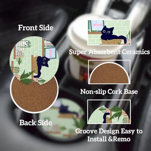 Ceramic Car Cup Coasters 2PCS - Bookshelf Cat - color: Bookshelf Cat