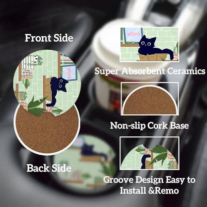 Ceramic Car Cup Coasters 2PCS - Bookshelf Cat - color: Bookshelf Cat