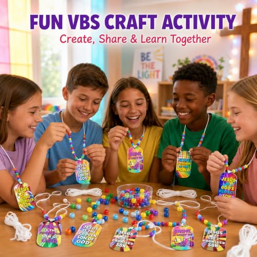 Cinrobiye 48 Pcs 2026 VBS Jesus Light Christian Necklace Craft Kit, DIY Bible Verse Necklace Making Set with Beads, Faith Necklaces Party Favors for Vacation Bible School, Church Events and Ministry - style: Jesus Light