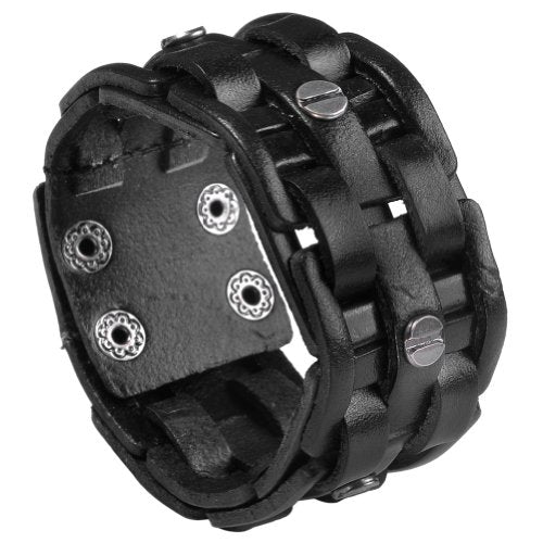 Zysta Cool Punk Rocker Wide Cuff Wristband Bracelet Mens Gothic Biker Braided Style Genuine Leather Bangle 8.5"-9" Adjustable Black/Brown - color: Black