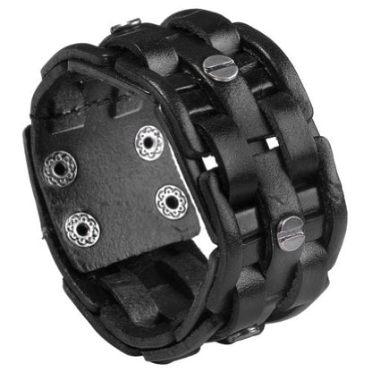 Zysta Cool Punk Rocker Wide Cuff Wristband Bracelet Mens Gothic Biker Braided Style Genuine Leather Bangle 8.5"-9" Adjustable Black/Brown - color: Black