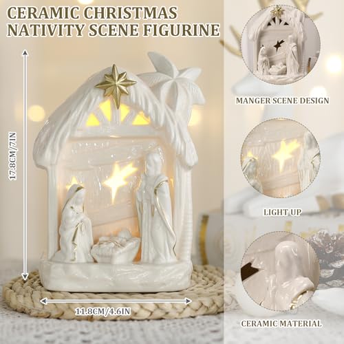 Cindeer Nativity Set for Christmas Indoor,Ceramic Nativity Scene with Light, Porcelain Statue Sculpted Hand Painted Figurine, Holy Family Manger Scene Tabletop Decor Gift (Elegant) - style: Elegant