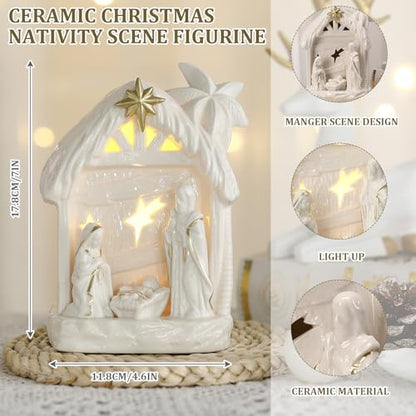 Cindeer Nativity Set for Christmas Indoor,Ceramic Nativity Scene with Light, Porcelain Statue Sculpted Hand Painted Figurine, Holy Family Manger Scene Tabletop Decor Gift (Elegant) - style: Elegant