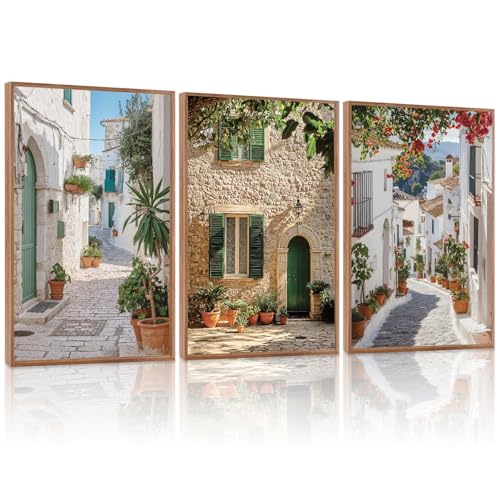 HLNIUC Vintage Italian Countryside Landscape Framed Wall Art,Mediterranean Italy Street Landscape Poster,Modern Europe Street Canvas Painting,Nature Scenery Art Print for Living Room Office-16 x24 x3 - color: Italian Street, size: 16"L x 24"W