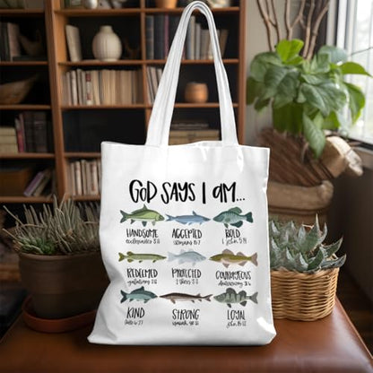 VICBOU Bible Verse Canvas Tote Bag, Inspirational Religious Christian Gifts for Women Men Canvas Tote Reusable Grocery Bags - color: Godsays10
