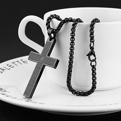 HZMAN Stainless Steel Cross Necklace for Men Women Lord's Prayer Pendant - color: Black