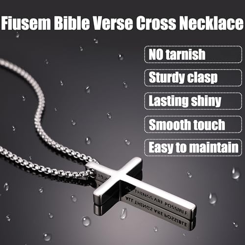 Fiusem Cross Necklace for Men, Stainless Steel Cross Pendant STXL023 - color: Silver, size: 22", style: MATTHEW 19:26