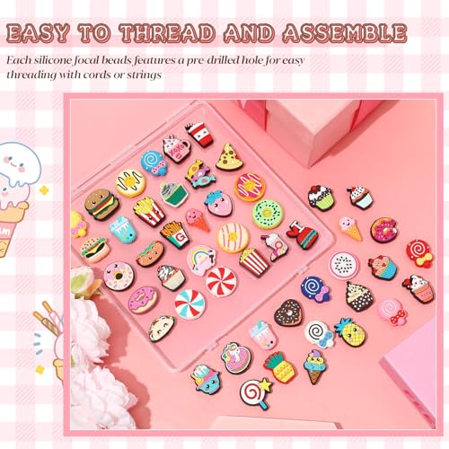 Tondiamo 60 Pcs Food Silicone Focal Beads for Pens Funny Desserts Silicone Beads Bulk for Beaded Pen DIY Craft Keychain Making Necklace Bracelet Charms Jewelry Decor - style: Food Style