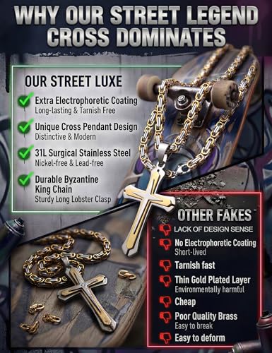 sailimue Stainless Steel Byzantine Cross Necklace for Men 22-30 inch - color: Gold, size: 28 in=71 cm (Extra Long)