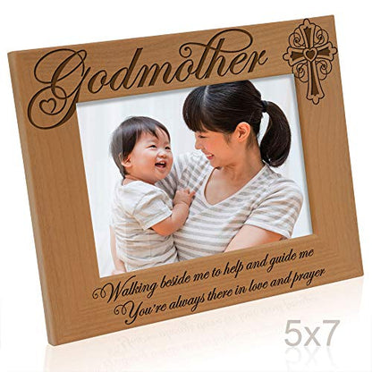 KATE POSH - Godmother Engraved Natural Wood Picture Frame, Cross Decor, Godmother Gift from Godchild, Baptism Gifts, Religious Catholic Gifts, Thank You Gifts (5" x 7" Horizontal) - size: 5x7 Horizontal (Godmother)