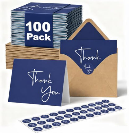 XXINMOH 100 Pack Thank You Cards With Envelopes Bulk Set & Stickers - 4x6 inch Blank Thank You Notes Bulk Box Set - Large Note Card Small Business, Wedding, Baby Shower & Bridal Shower - Navy Blue - color: Navy Blue