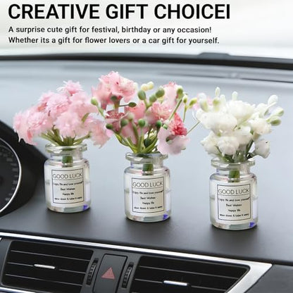 3 PCS Mini Flower Car Dashboard Decor Set, Cute Daisy Cherry Blossom Vase Ornaments, Natural Simulated 3D Vase Arrangement, Universal Rear View Mirror Dashboard Interior Accessories