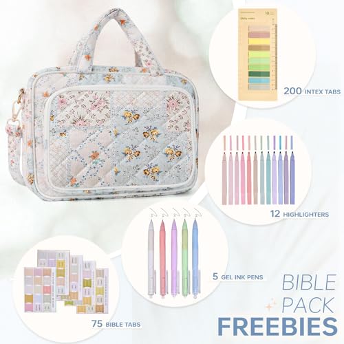 Bible Cover Case for Women Bible Study Supplies Christian Gifts for Women Church Camp Essentials Christian Bible Journaling Kit Quilted Large Bible Cover with Durable Handle (Spliced Flower, Large) - color: Spliced Flower