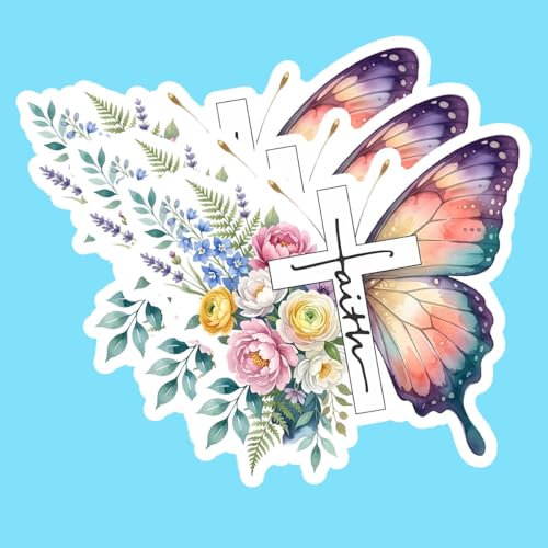 (3PCS) Faith Butterly Flowers Sticker, Christian Faith God Bible Verse Jesus Books Water Bottles Laptops Phone Tumbler Cup Kindle 3x3 Inch