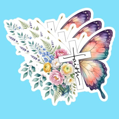 (3PCS) Faith Butterly Flowers Sticker, Christian Faith God Bible Verse Jesus Books Water Bottles Laptops Phone Tumbler Cup Kindle 3x3 Inch