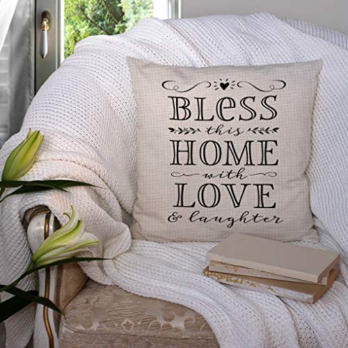 SSOIU Bless This Home with Love and Laughter Throw Pillow Case Quote Religious Sayings Pillow case Home Blessing Cushion Cover Cotton Linen 18 x 18 Inch - color: Ssp-015