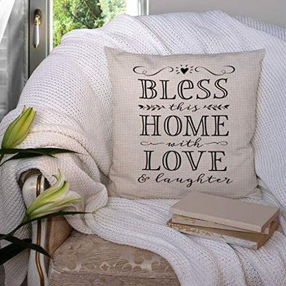 SSOIU Bless This Home with Love and Laughter Throw Pillow Case Quote Religious Sayings Pillow case Home Blessing Cushion Cover Cotton Linen 18 x 18 Inch - color: Ssp-015