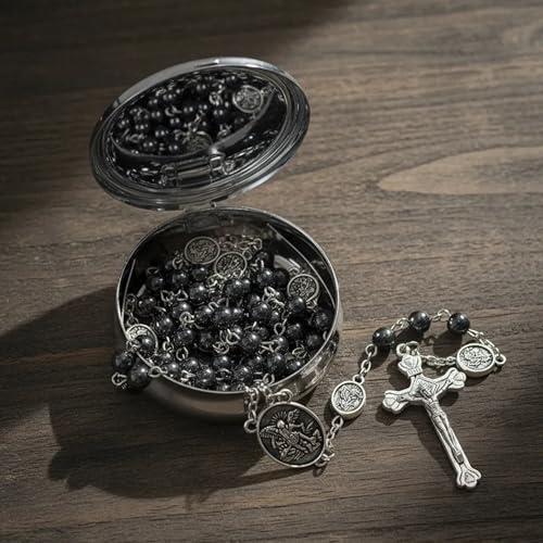 Nazareth Store St Michael Rosary Hematite Stone Beads Necklace Metal Beaded Glory Beads Archangel Medal & Cross with Metal Gift Box - color: Silver | Jesus Cross