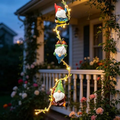 Garden Gnome Hanging Decor, 3 Pack Climbing Gnomes & Solar Ropes Lights - color: Climbing Gnomes