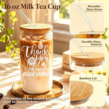 MUJUZE Thank You Gifts for Women, 16 oz Glass Tumbler & Crochet Sunflower - color: Thank You Cup Set