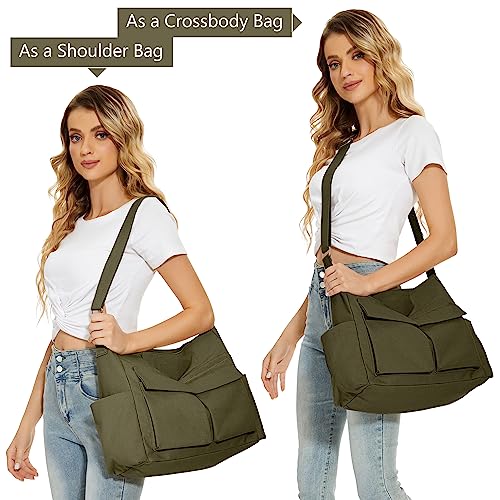 KALIDI Canvas Tote Bag Zipper Large Crossbody Shoulder Bag Messenger Bag - color: Upgraded Army Green