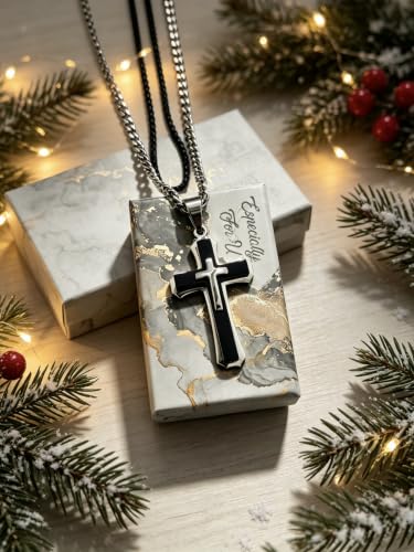 Men's Layered Cross Pendant Necklace, 2.1x1.2 inch Religious Charm, 21.6" 5mm Stainless Steel Cuban Chain, 18K Gold & Black Plated, Bonus 23.6" Square Pearl Chain, Marble Gift Box for Dad - color: Silver & Black