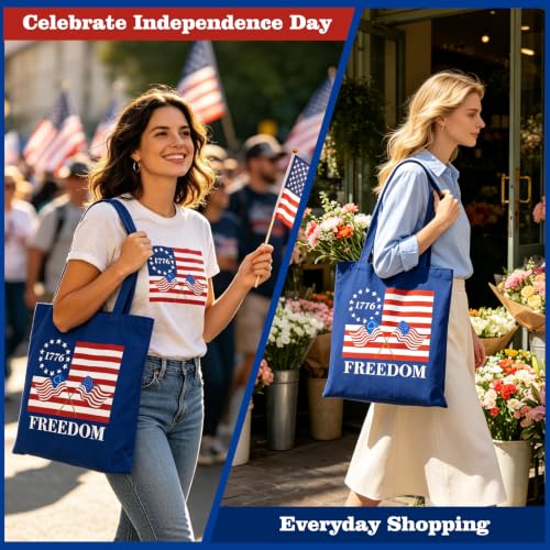 Canvas Tote Bag with Zipper, Halloween Trick or Treat Bags for Kids Bulk - color: [A0] Freedom - Blue