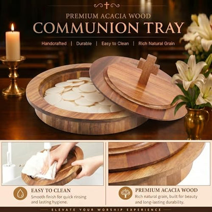 Zhehao 1 Pcs Wood Communion Bread Plate for Church Holy Communion Wafer Tray with Lid Elegant Worship Serving Plate for Church Service Ceremony (Acacia Wood Style) - style: Acacia Wood Style