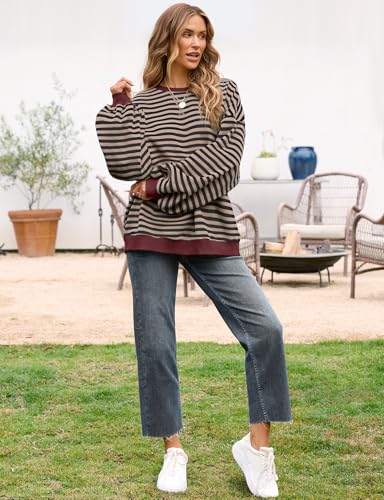 UEU Women Oversized Striped Crewneck Sweatshirt Long Sleeve Casual Pullover - color: Black Coffee Stripe, size: Medium