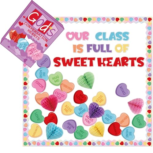 Pasimy Christian Valentine Bulletin Board Decorations God's Conversation Hearts Valentine's Day Classroom Decor 3D Heart Honeycomb Cutouts Sweet Borders for Church Office Wall Window Party Supplies