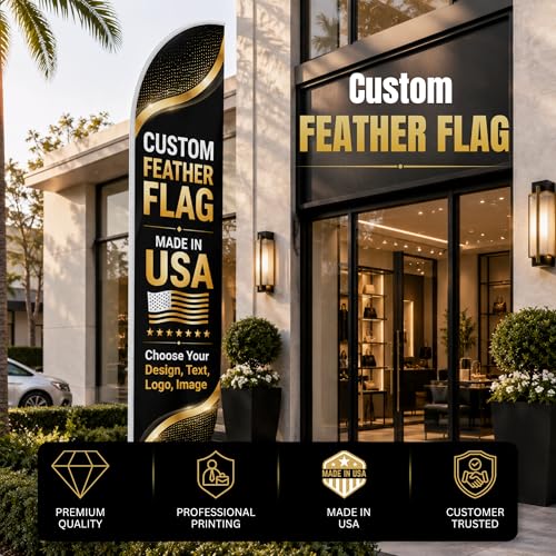 Custom Feather Flag by BCB Print, Personalized Swooper Flag with Photo, Text or Logo, 11.5x2.5 FT Single-Sided HD Print, Optional Add-On 15 FT Pole Kit & Ground Spike, Made in USA, Fast Delivery - color: Feather Flag +/– Ground Spike Kit